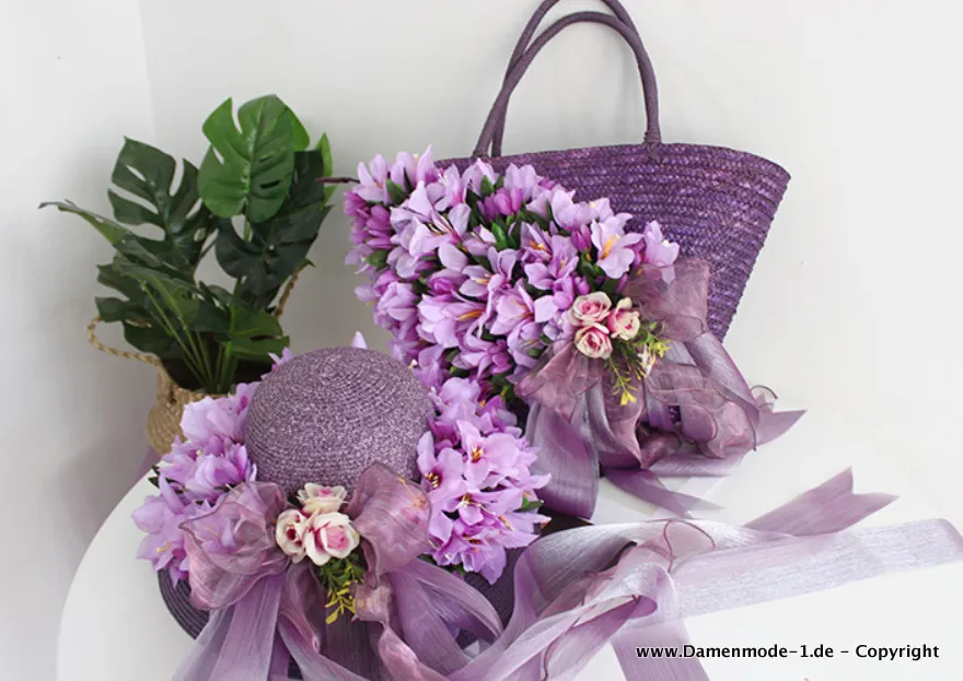 Damen Boho Beach Strand Set Tasche + Strohhut mit Blumen Lila