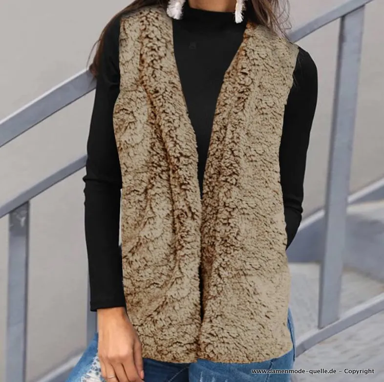 Flauschige Damen Weste mit Kapuze in Beige