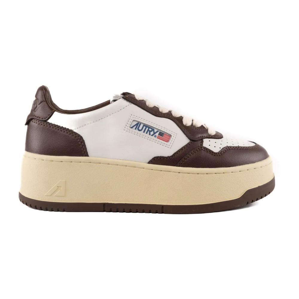 Weiß/Kastanienbraune Leder Plateau-Sneakers